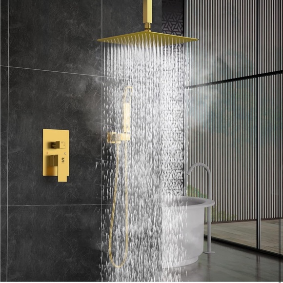 Brushed Gold 12” Ceiling Mounted Shower🚿System Rain🌧️Mixer Shower🚿Combo Set - Picture 3 of 11